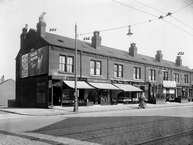 York Road in September 1935. To the left is the junction with Glenthorpe Terrace. Then confectionery shop, owner R. Abbott at no.221. Next no.223, George Arthur Reed, draper. Farm Produce Store is no.225. At the end of the row, no.227 ladies Hairdresser. On the gable end of the building, a poster for Sir Alan Cobham's air circus, one for 'sailor' brand salmon.