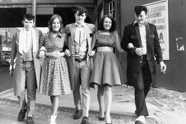 A rock and roll line up in Leeds in July 1976. Pictured from left, are Henry Karasiewicz from Kirkstall, Julie Skelton from Horsforth, Nick Kovrlija from Halton, Lynda Gedge from Horsforth and Terry Best from Roundhay.