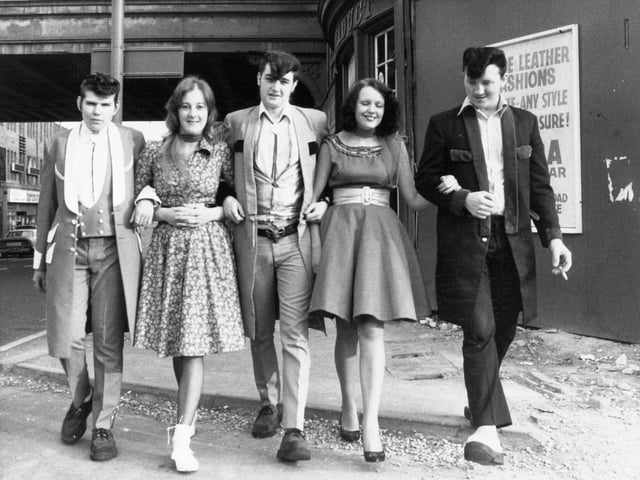 A rock and roll line up in Leeds in July 1976. Pictured from left, are Henry Karasiewicz from Kirkstall, Julie Skelton from Horsforth, Nick Kovrlija from Halton, Lynda Gedge from Horsforth and Terry Best from Roundhay.