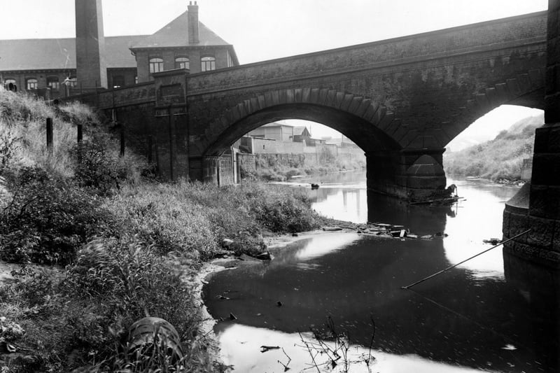 The bridge of Viaduct Road as it crosses the River Aire, looking east, in September 1955. The stone structure on the far right is one of the supports of the L.N.E.R. viaduct. Behind the bridge, to the left, is the factory and chimney of Charles F. Thackray Ltd., surgical instruments. The river bank is overgrown, with an old oil drum in the foreground.