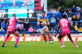Keenan Palasia, seen on the charge against Castleford Tigers, is becoming a Leeds Rhinos fans' favourite. Picture by Olly Hassell/SWpix.com.