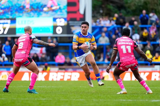 Keenan Palasia, seen on the charge against Castleford Tigers, is becoming a Leeds Rhinos fans' favourite. Picture by Olly Hassell/SWpix.com.