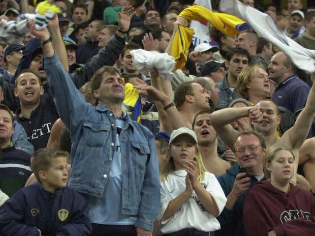 Leeds fans in their thousands celebrate Dom Matteo's goal at San Siro as Leeds took on AC Milan. (Picture Credit: Ross Kinnaird/ALLSPORT)