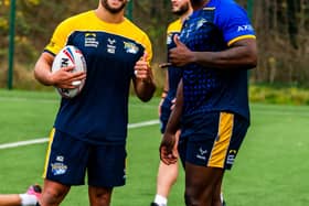 Rhinos' new signing Mickael Goudemand, left, with fellow French international Justin Sangare. Picture by James Hardisty.
