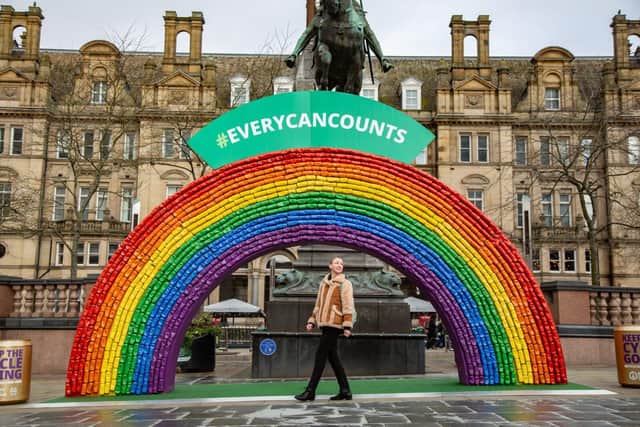 Giant recycling rainbow unveiled outside Leeds train station to mark Earth Day