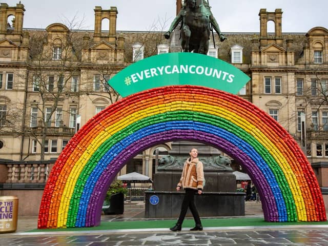 Giant recycling rainbow unveiled outside Leeds train station to mark Earth Day