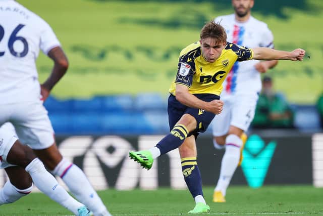OXFORD, ENGLAND - AUGUST 23: Lewis Bate of Oxford United takes a shot during the Carabao Cup Second Round match between Oxford United and Crystal Palace at Kassam Stadium on August 23, 2022 in Oxford, England. (Photo by Eddie Keogh/Getty Images)