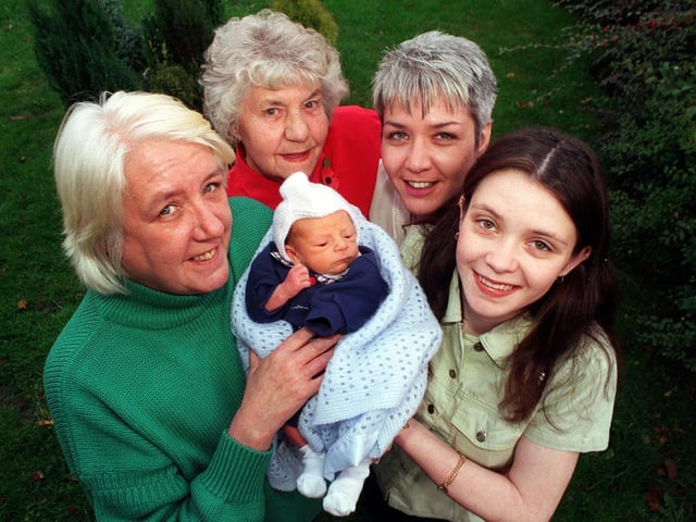 Five generations of one Middleton family in November 1998. Pictured, from left, are great grandmother, Judith Costigan, great great grandmother Joyce Scobie, six day old Declan Walker, grandmother Karen Simpson and  Declan's mother Joanne Colquhoun.