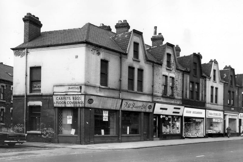 Businesses featured in this photo include Thomas W. Facer Ltd, pawnbroker , R. Maynard, wool shop, Card Occasions, Farm Stores Ltd, butchers which was one of several throughout Leeds and H.T. Thurston bakers. The majority of property on Kirkstall Road was demolished during slum clearance.