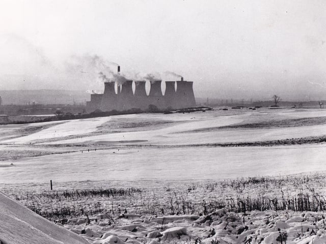 City snowscape... looking across Temple Newsam golf course to the power station in December 1965.