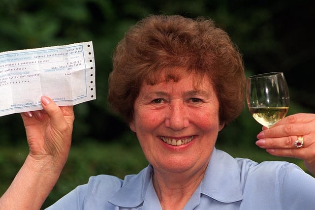 Seventy-year-old Pat Jowett from Horsforth celebrates after getting a grade A in A-level English in August 1997.
