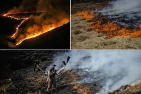 A wildfire burning on Marsden Moorland in West Yorkshire in April, 2019. It was believed that a barbecue triggered the blaze, the fire service said.
