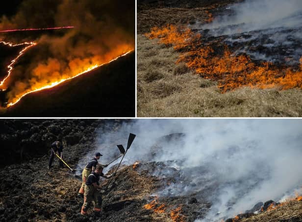 A wildfire burning on Marsden Moorland in West Yorkshire in April, 2019. It was believed that a barbecue triggered the blaze, the fire service said.
