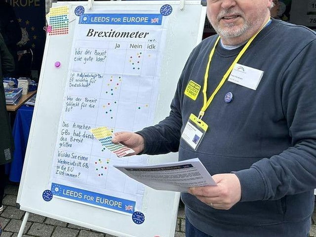 Peter Packham, Chair of Leeds for Europe, manning its 'Brexitometer' on the May 2024 Dortmund street stall.