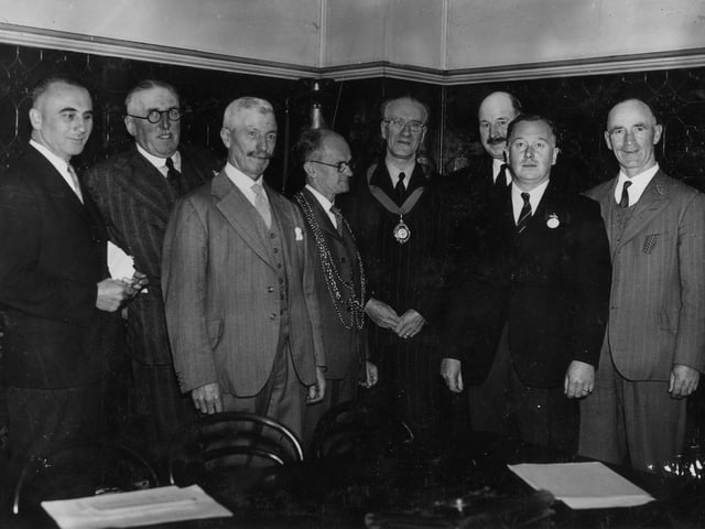Officials at the Institute of Park Administration Conference held at Leeds Town Hall, which opened on August 29, 1946. Among those pictured are the Lord Mayor, Alderman David Beevers, fourth from the left, and Thomas R Trigg, fifth from the left, director of the Parks Department, who was president of the Institute at the time.