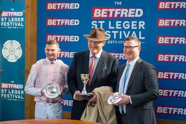Robert Havlin rides to victory with Sweet William to retain the Betfred Howard Wright Doncaster Cup Stakes