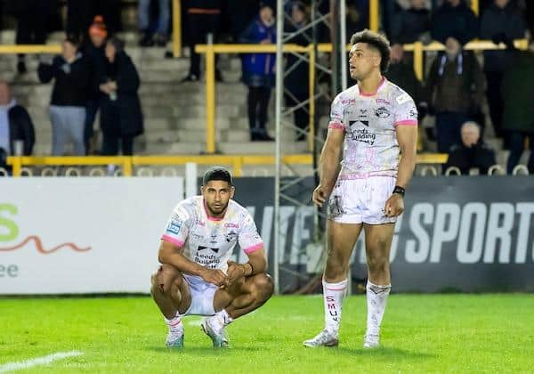 Derrell Olpherts, right with Nene Macdonald, featured in Rhinos' defeat by Castleford at the Jungle two months ago. Picture by Allan McKenzie/SWpix.com.