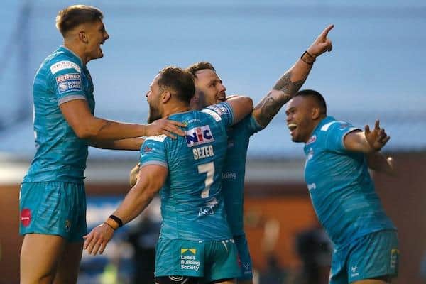 Richie Myler celebrates scoring the try which sealed Rhinos' win at Warrington in June. Picture by Ed Sykes/SWpix.com.