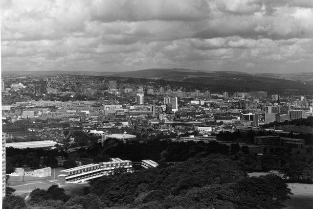 A view of Sheffield city centre in July 1973 showing the dramatic architecture blending smoothly with the hills that form its natural boundary.