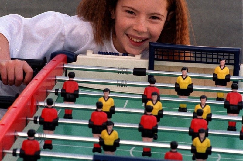 Table football champion Ashleigh Sharp pictured on the ball at Lawns Park Primary School in March 1998.