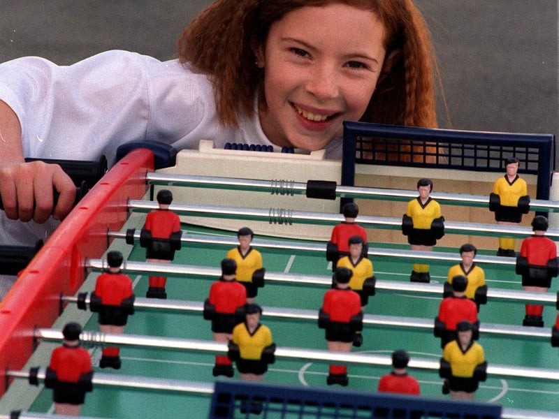 Table football champion Ashleigh Sharp pictured on the ball at Lawns Park Primary School in March 1998.