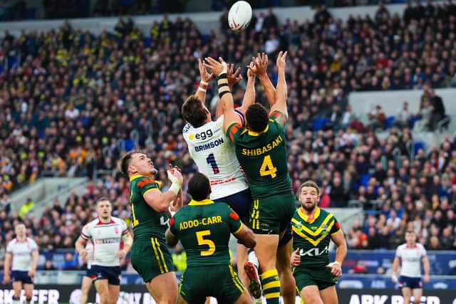 AJ Brimson, of England and Australia's Gehamat Shibasaki contest a high ball. Picture by Olly Hassell/SWpix.com.