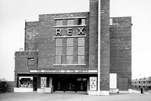Rex Cinema on the Ring Road was designed by AV Montague and built by Mathews and sons of Leeds. There was seating for 1,350 people. It opened on February 13, 1939, with the screening of 'We're going to be rich' starring Gracie Fields and Victor McLaglan. It closed in February 1976, the last films were 'Apple Dumpling Gang' and 'Sword in the Stone' The cinema was demolished for the building of a housing estate. In this front view the film advertised is 'The Adventures of Tom Sawyer.