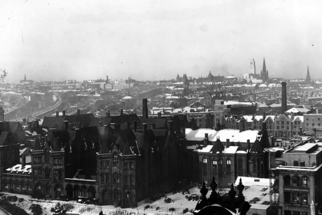 Leeds General Infirmary from Leeds Town Hall clock tower in December 1955.