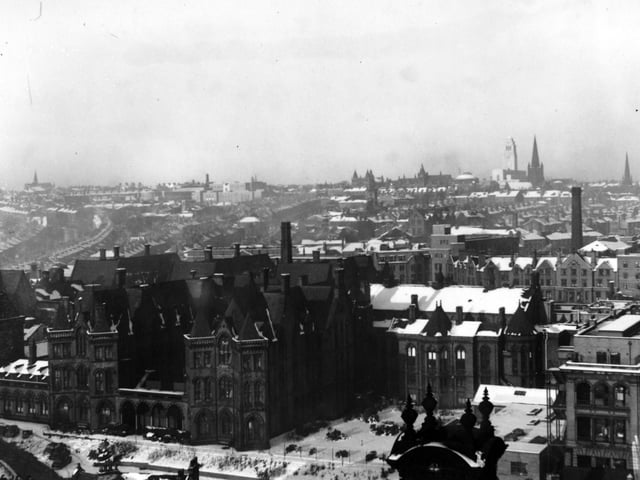 Leeds General Infirmary from Leeds Town Hall clock tower in December 1955.