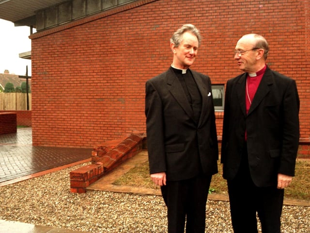 Dr David Hope and Rev Malcom Exley outside the new Emmanuel Church before the first service in November 1998.