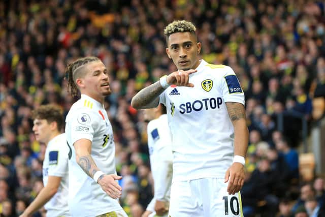 NORWICH, ENGLAND - OCTOBER 31: Raphinha of Leeds United celebrates after scoring their side's second goal during the Premier League match between Norwich City and Leeds United at Carrow Road on October 31, 2021 in Norwich, England. (Photo by Stephen Pond/Getty Images)