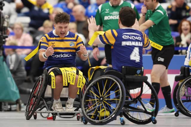 Tom Halliwell celebrates scoring a try in Leeds Rhinos' Wheelchair Grand Final win against Halifax Panthers. Picture by John Clifton/SWpix.com.