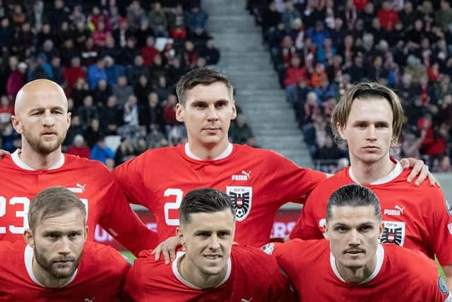 Max Wober (C) lines up for Austria against Azerbaijan in UEFA Euro 2024 qualifying (Photo by REINHARD EISENBAUER/APA/AFP via Getty Images)