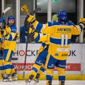 LET THE GOOD TIMES ROLL: Jake Witkowski (second left) will be reunited with line-mates Mac Howlett (left) and Matt Haywood when he joins up with Leeds Knights almost exactly a year to the day since he did the first time around, playing an integral role in the team's 2022-23 league and play-off double triumph. Picture: Bruce Rollinson