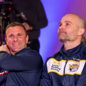 Rhinos coach Rohan Smith, right, with Hull KR boss Willie Peters at this year's Super League launch in Manchester. Picture by Allan McKenzie/SWpix.com.