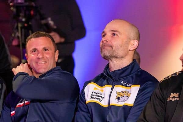 Rhinos coach Rohan Smith, right, with Hull KR boss Willie Peters at this year's Super League launch in Manchester. Picture by Allan McKenzie/SWpix.com.