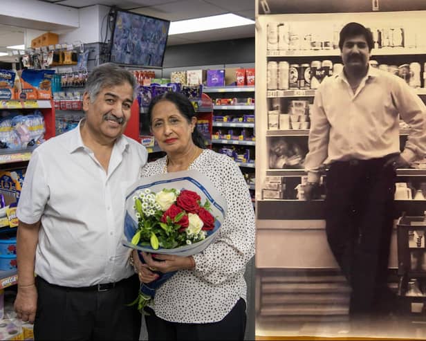 Shopkeepers Surinder and Rama Pugal have run Premier Stores on Wakefield Road, Pontefract, for nearly 40 years - and have announced their retirement. Pictured on the right is Surinder in 1985. (Photo left by Tony Johnson/National World)