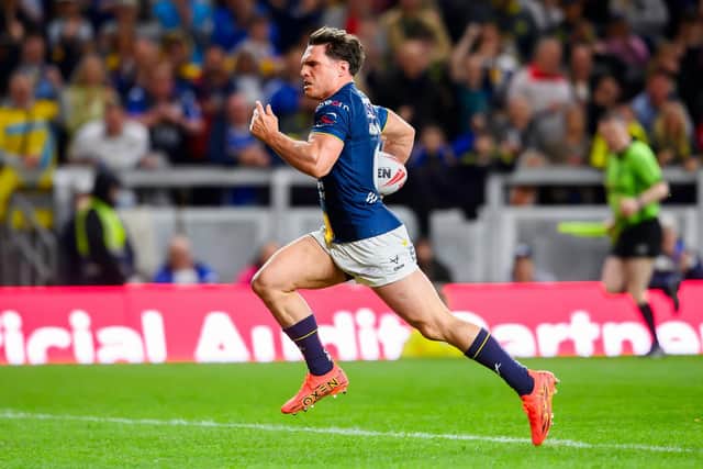 Brodie Croft dashes over to score one of Leeds Rhinos' eight tries in last week's win against Catalans Dragons. Coach Brad Arthur has urged them to back that up at home to Wakefield Trinity on Friday. Picture by Allan McKenzie/SWpix.com.