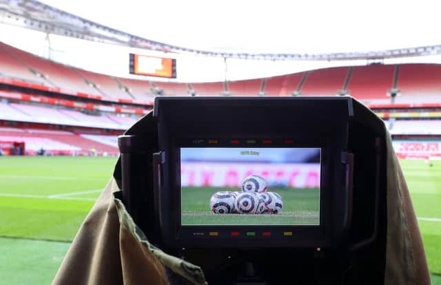A general view inside the stadium is seen through a TV camera prior to the Premier League match between Arsenal and West Bromwich Albion at Emirates Stadium. (Photo by Richard Heathcote/Getty Images)