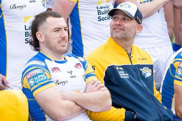 Leeds Rhinos coach Rohan Smith, right, with captain Cameron Smith at this year's pre-season photocall. Picture by Allan McKenzie/SWpix.com.