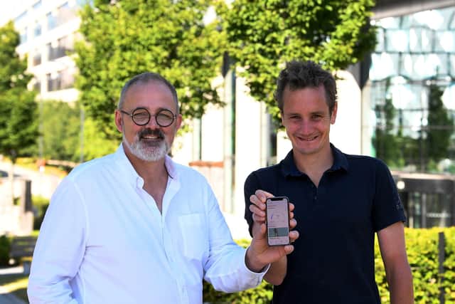 Caterpillar App founder Paul Baverstock with Olympian Alistair Brownlee. Picture: Simon Hulme