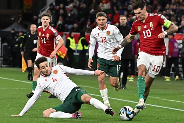 NATIONAL SIDE - Leeds United new boy Ilia Gruev, pictured taking on Hungary forward Dominik Szoboszlai, was unable to help Bulgaria to a win over Montenegro. Pic: Getty