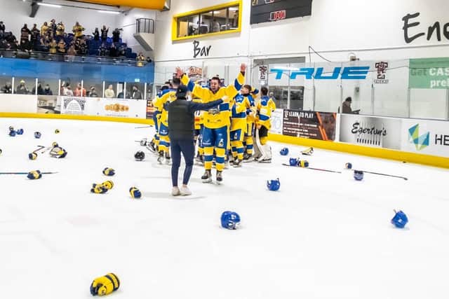 CHAMPIONS: Leeds Knights celebrate their 4-2 win at Telford Tigers on Suinday and, with it, the NIHL National league title. Picture courtesy of Steve Brodie.