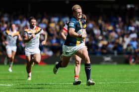 James McDonnell storms clear to score a long-range interception try for Leeds Rhinos against Bradford Bulls. Picture by Alex Whitehead/SWpix.com.
