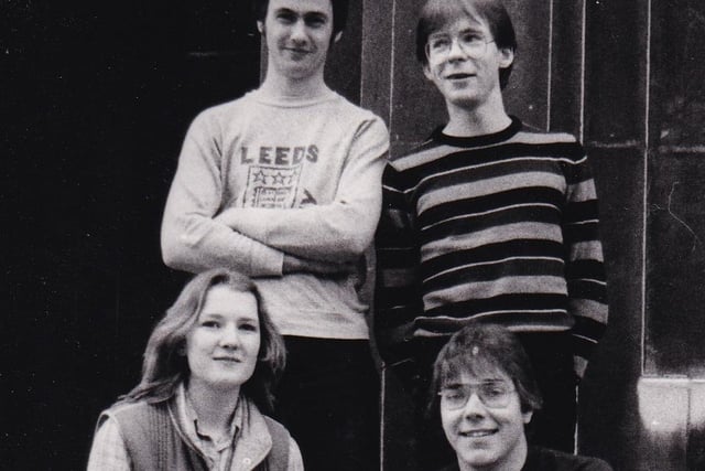These four students had come out tops in a textile version of University Challenge in April 1981. They are Andy Lotze (textile chemistry), Andy Patterson (textile process engineering), Vicky Robinson (textile design) and Russell Pike (textile design).