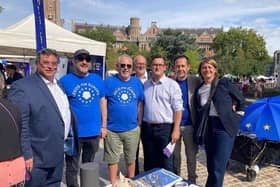 Amongst visitors to Leeds for Europe’s stall at Braderie de Lille was Mayor of Lille Arnaud Deslandes (fifth left). Contributor Peter Packham is third left.