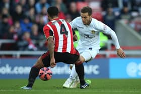 RELEASE: Of former Leeds United striker Billy Sharp, right, pictured in action for the Whites against Sunderland back in January 2015.  
Photo by Ian MacNicol/AFP via Getty Images.