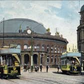 A colour-tinted postcard of the Corn Exchange with a postmark 25th November 1904. The Corn Exchange was designed by Cuthbert Brodrick and opened on 28th July 1863. Two open-top trams are seen outside, no. 233 and no. 113.
