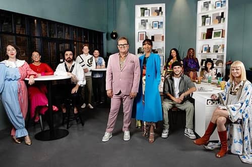 The contestants in the new series of Interior Design Masters with Alan Carr and Michelle Ogundehin (centre) (Picture: BBC/Darlow Smithson Productions)
