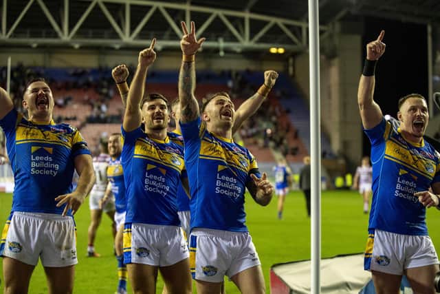 Rhinos celebrate their incredible semi-final win. Picture by Bruce Rollinson.